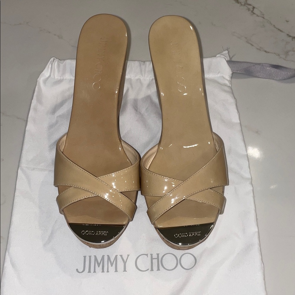 Jimmy Choo Pandora Nude Patent Leather Wedges